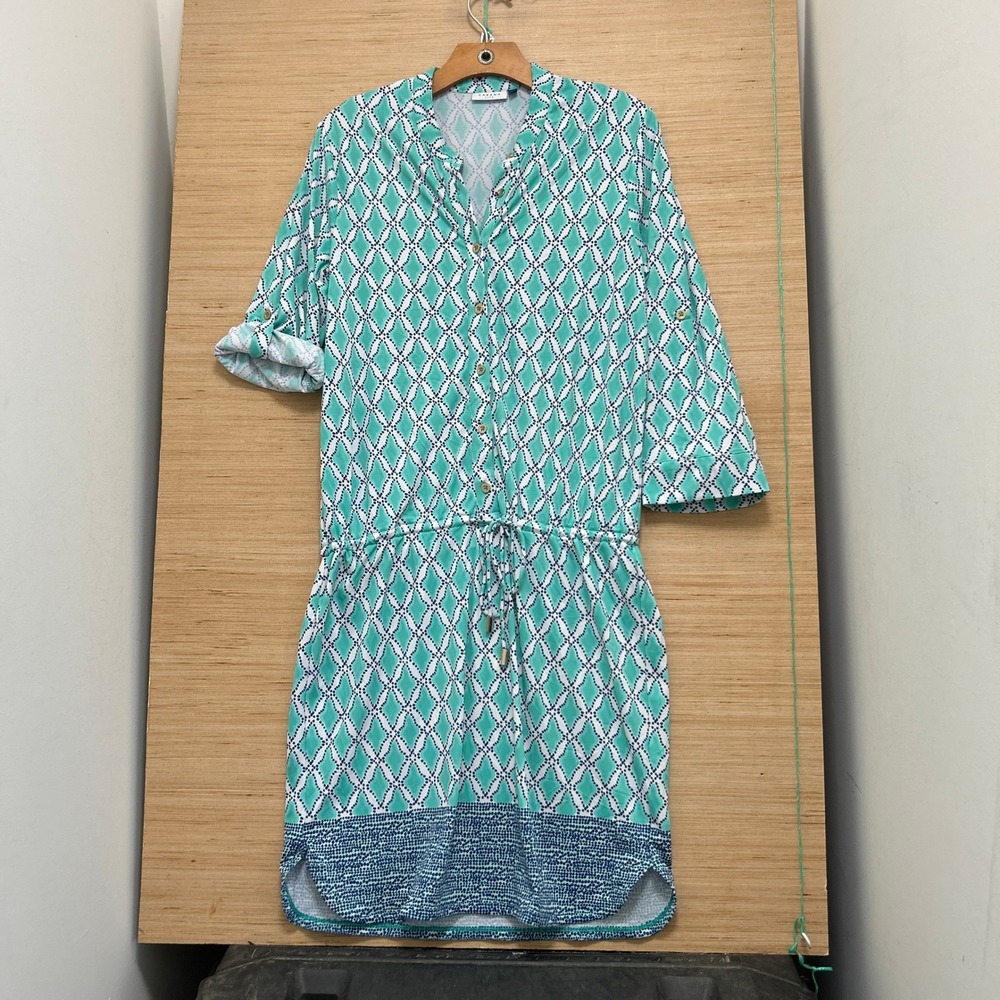 Cabana Life Teal Diamond Print Button Front Drawstring Waist Dress Large